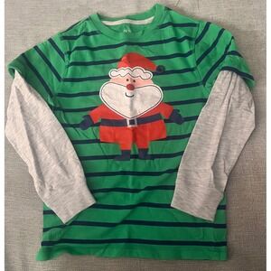 JK Boys Santa Claus Long Sleeve T Shirt Green Stripe Size 6 Christmas Holiday